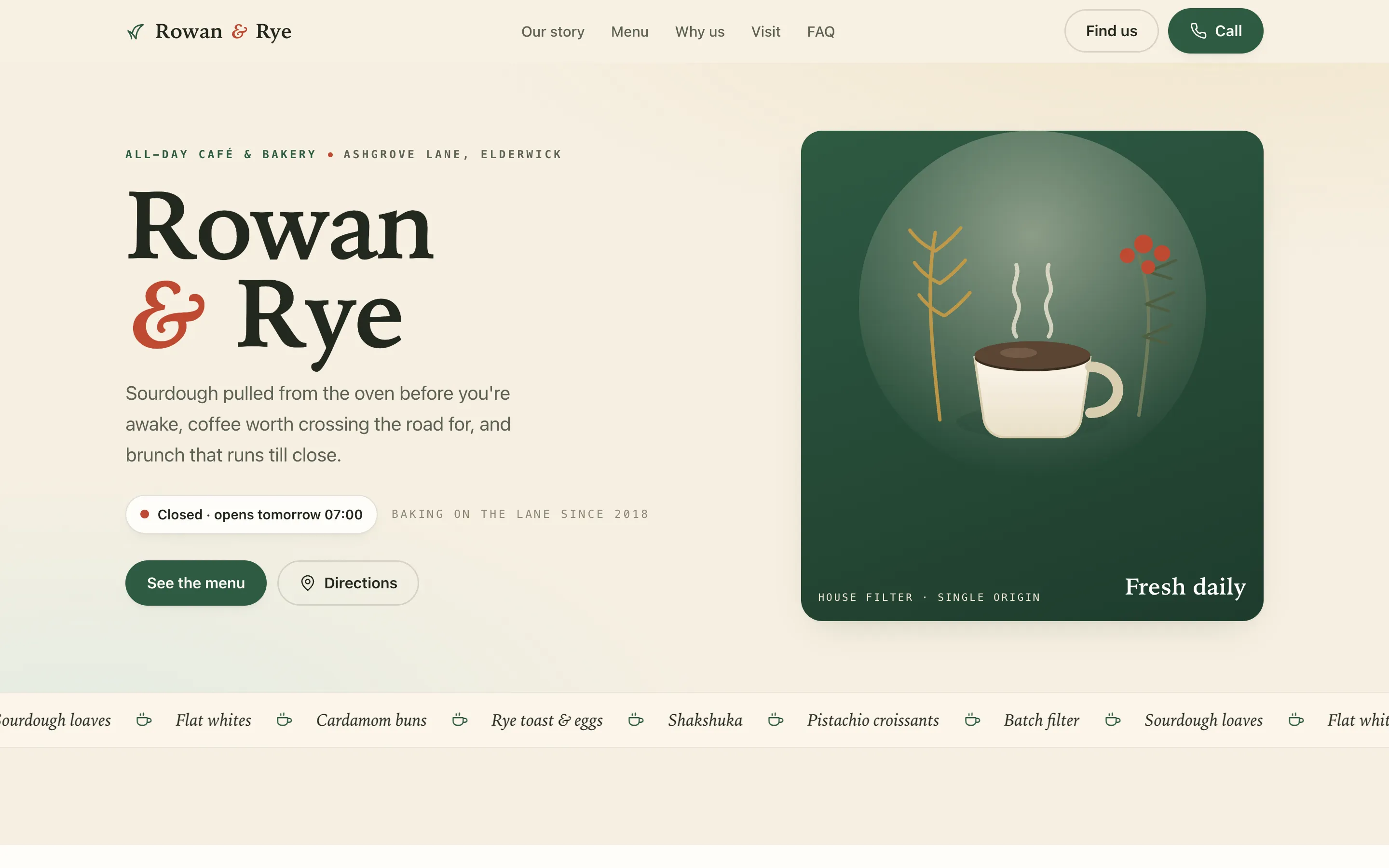 Rowan & Rye demo website — desktop hero with menu, opening hours and directions